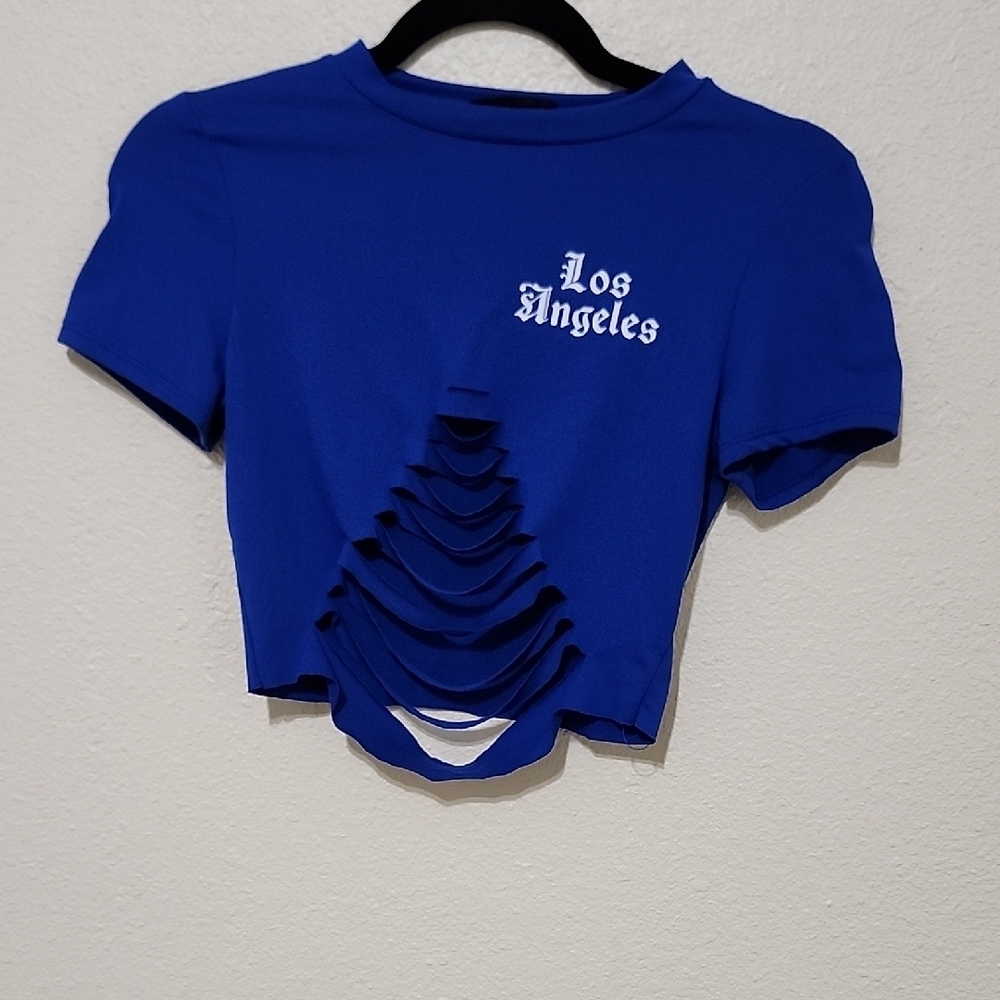 Blue Crop Top with Short Sleeves and Cut Out Design